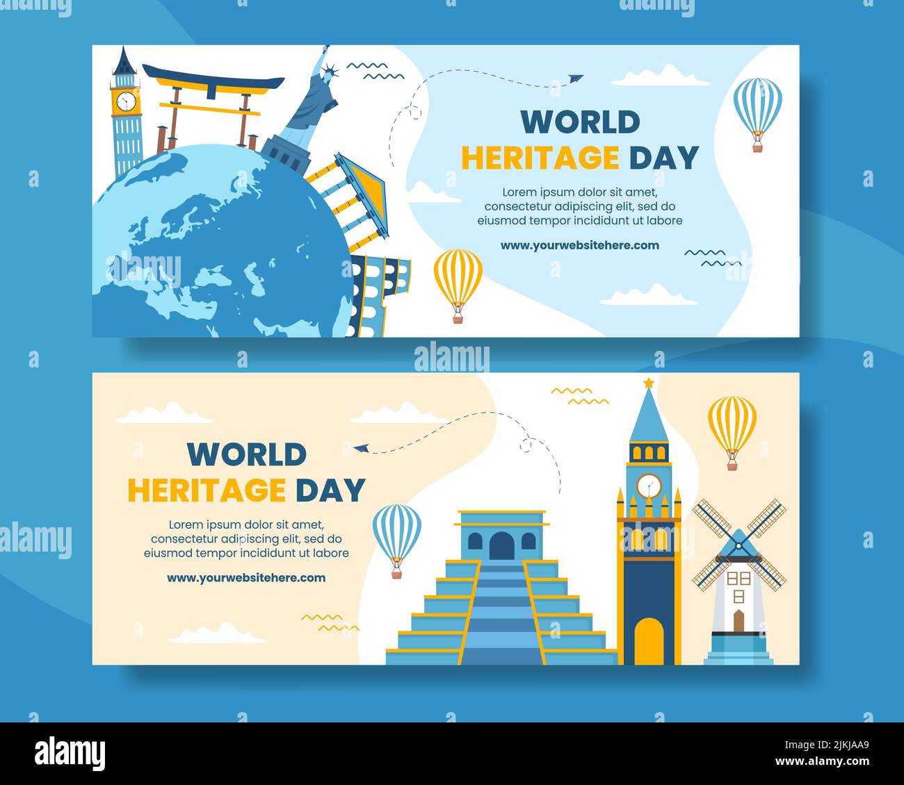 World Heritage Day Horizontal Banner Template Cartoon background Vector Illustration Illustrazione Vettoriale