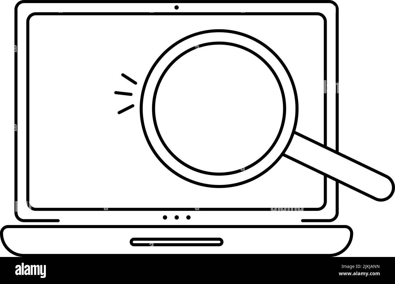 Icona di ricerca del computer in stile piatto. Computer portatile con immagine vettoriale in lente d'ingrandimento su sfondo bianco isolato. Concetto aziendale di visualizzazione dei dispositivi Illustrazione Vettoriale
