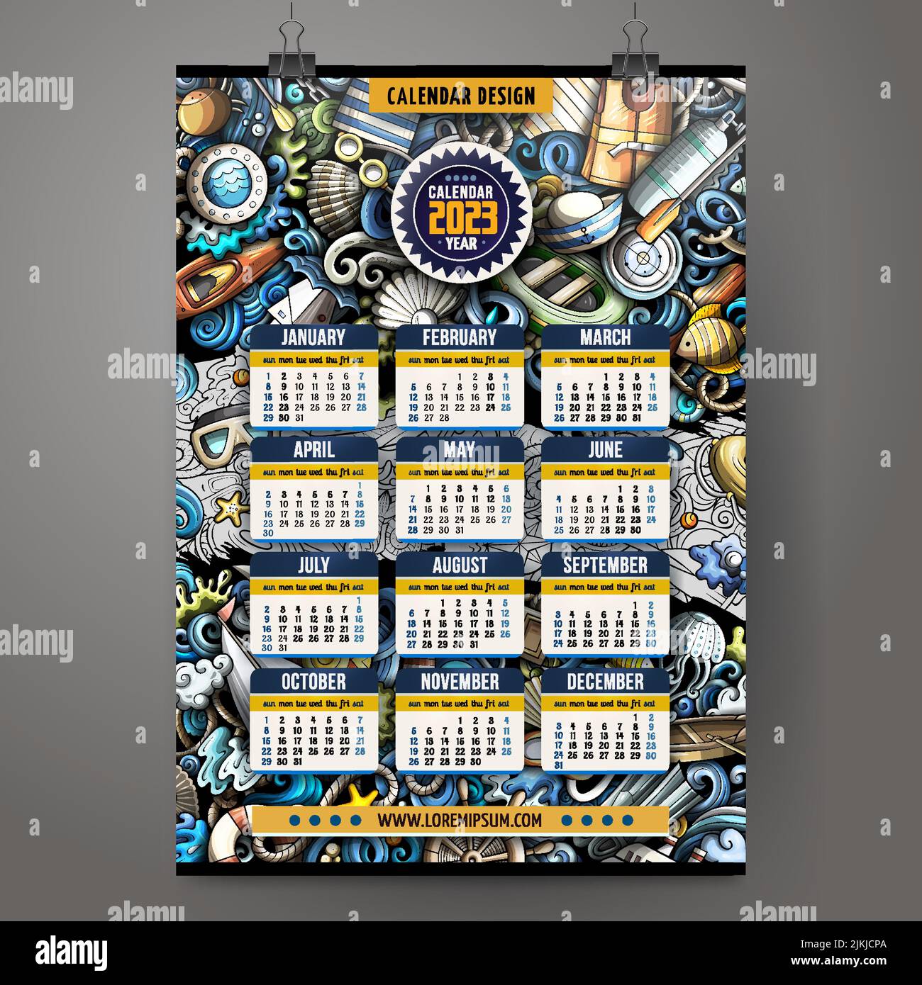 Cartoon colorato Doodles Marine 2023 anno di calendario Illustrazione Vettoriale