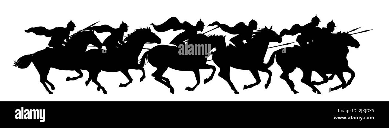 I Cavalieri saltano. Silhouette Scenery Black. Guerrieri medievali con lance e in corazza cavalcano cavalli. Oggetto isolato su sfondo bianco. Vettore Illustrazione Vettoriale