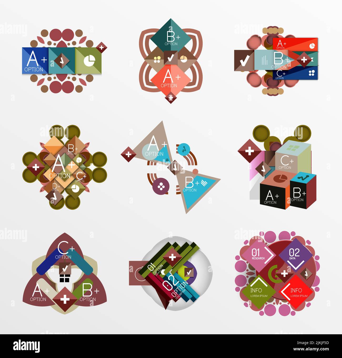 Set di forme geometriche astratte con opzioni. Banner infografici, layout. Grafica su carta Illustrazione Vettoriale