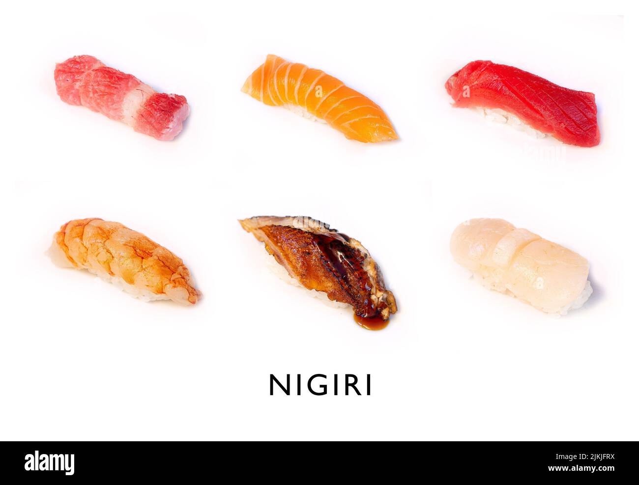Pezzi di nigiri, modi diversi di cucinarlo con cibi diversi. Cucina tradizionale giapponese, Foto Stock