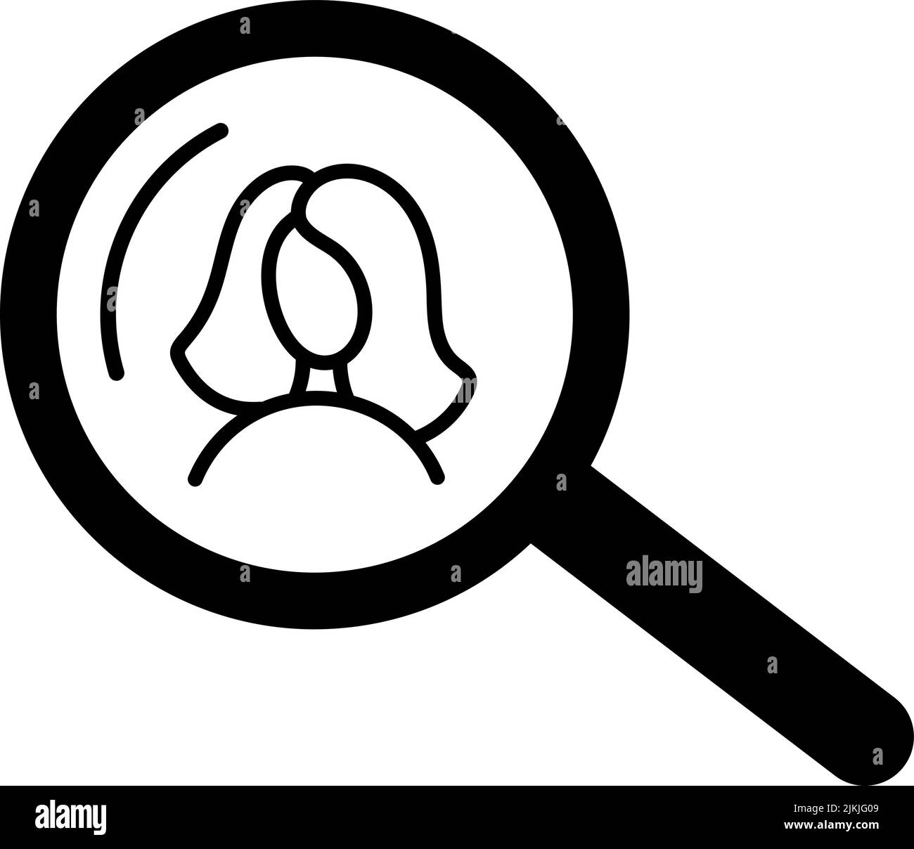 Lente d'ingrandimento cerca donna piatta persone icona. Singolo simbolo di alta qualità per applicazioni Web o mobili. Segni di linea di vetro per logo design Illustrazione Vettoriale