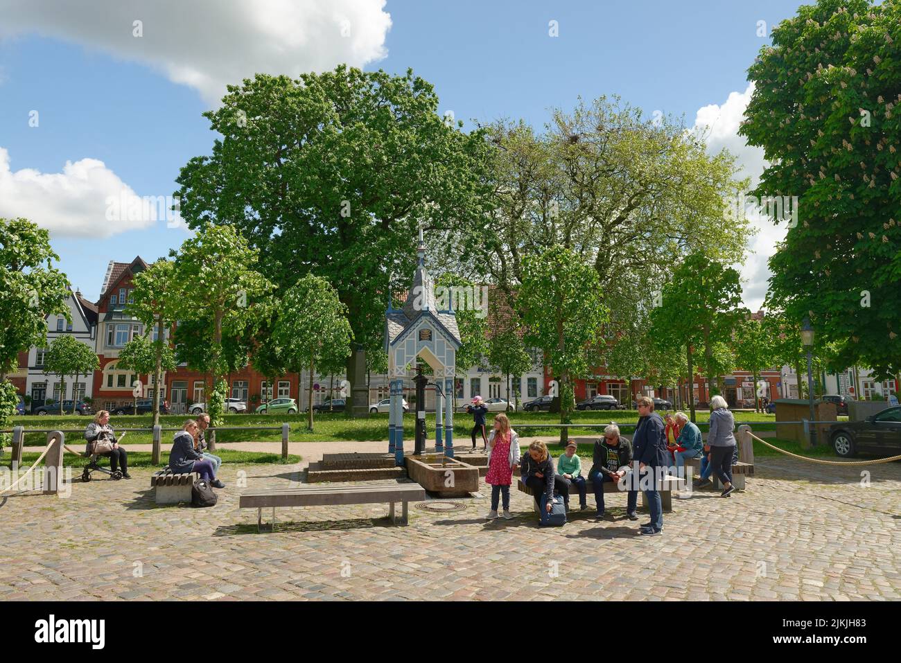 Pompa di mercato nella zona di mercato di Friedrichstadt, Friedrichstadt, la città olandese sulla penisola di Eiderstedt, Frisia settentrionale, penisola di Eiderstedt, Schleswig-Holstein, Germania Foto Stock