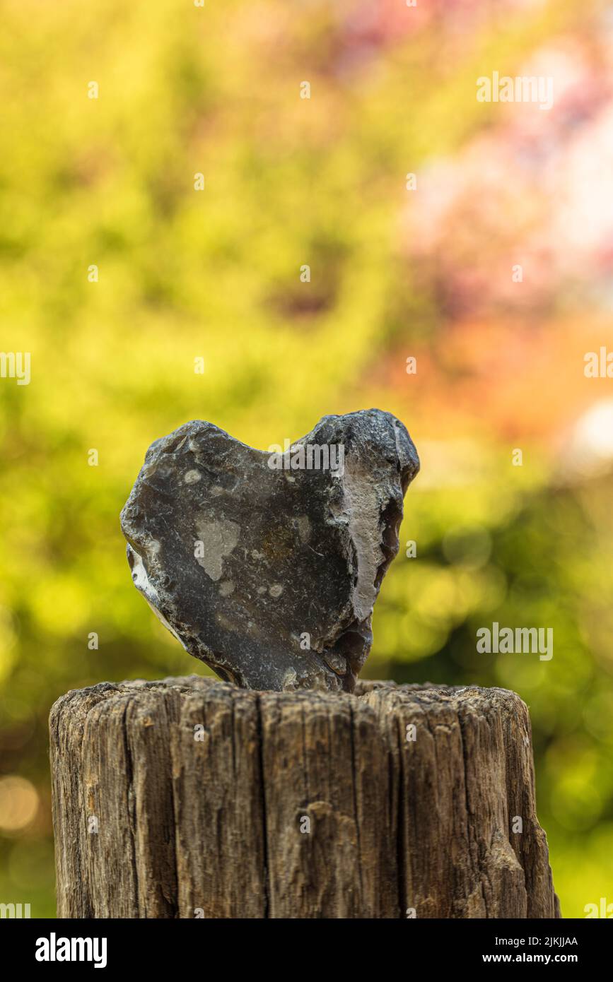 Pietra a forma di cuore, vita morta, bokeh sfondo Foto Stock