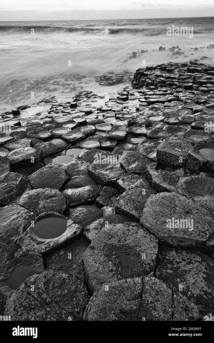 Un colpo verticale in scala di grigi delle rocce basaltiche lavanti dell'acqua al Selciato dei Giganti nell'Irlanda del Nord Foto Stock