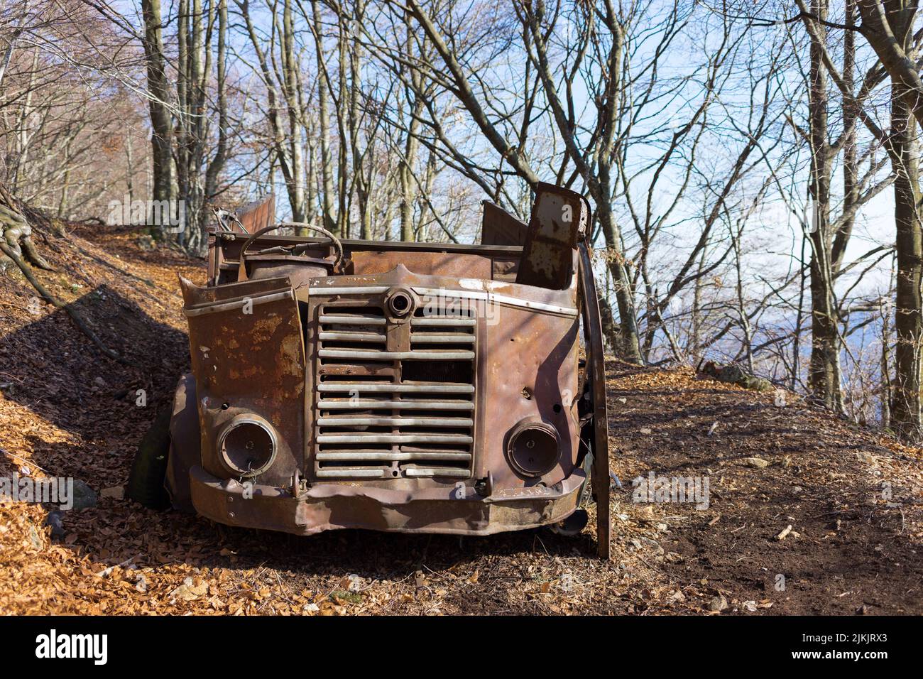 Un'auto d'epoca arrugginita rotta in una foresta abbandonata Foto Stock