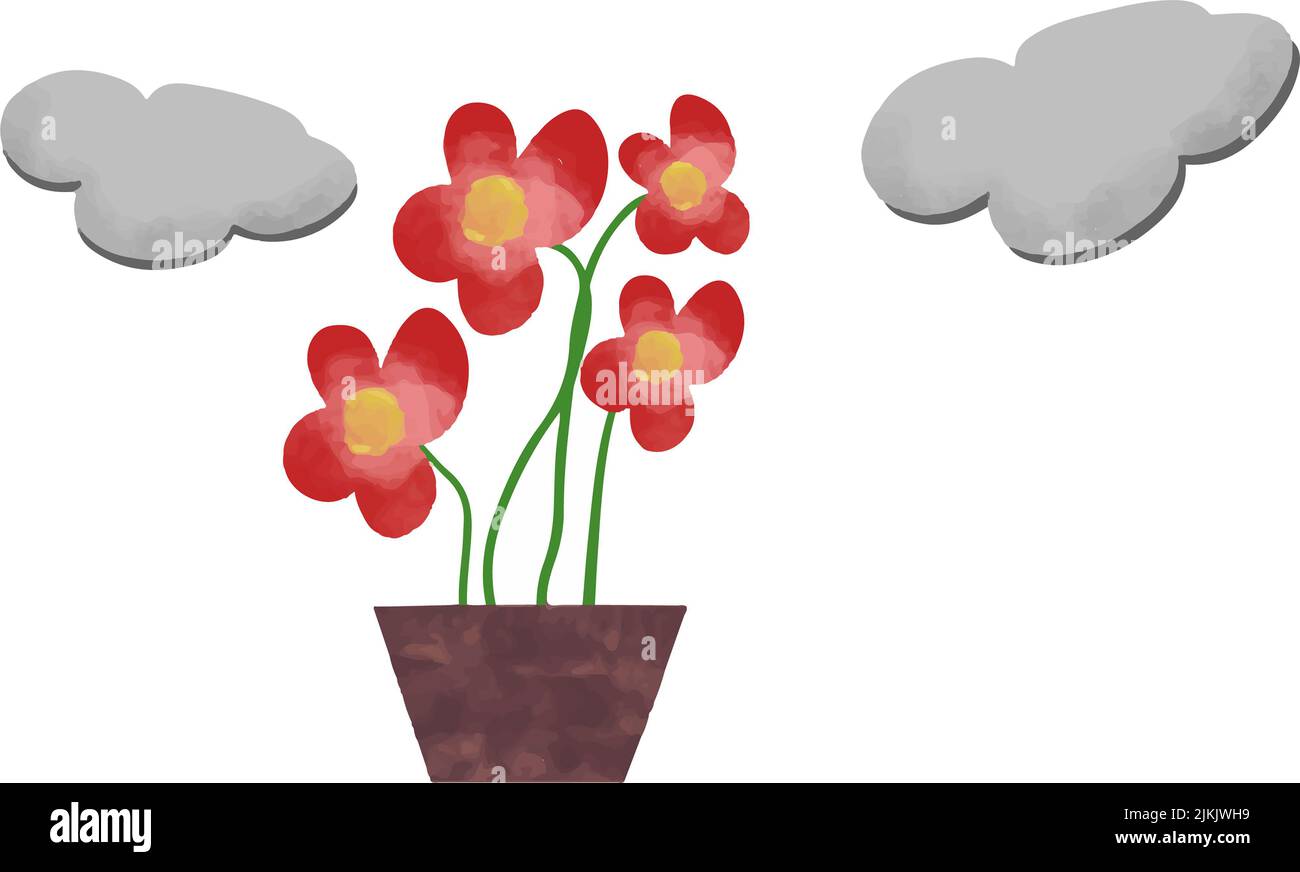 Un'illustrazione di un fiore in una pentola con nuvole su sfondo bianco Foto Stock