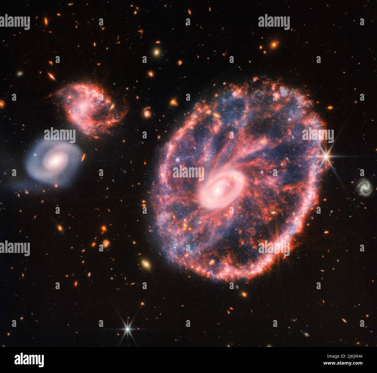 Questa immagine del Cartwheel e delle sue galassie complementari è un composito di Webbâs Near-Infrared Camera (NIRCam) e Mid-Infrared Instrument (MIRI), che rivela dettagli difficili da vedere solo nelle singole immagini. Questa galassia si è formata come risultato di una collisione ad alta velocità che si è verificata circa 400 milioni di anni fa. La ruota Cartwheel è composta da due anelli, un anello interno luminoso e un anello esterno colorato. Entrambi gli anelli si espandono verso l'esterno dal centro della collisione, come le onde d'urto. Tuttavia, nonostante l'impatto, gran parte del carattere della grande galassia a spirale che esisteva prima del co Foto Stock