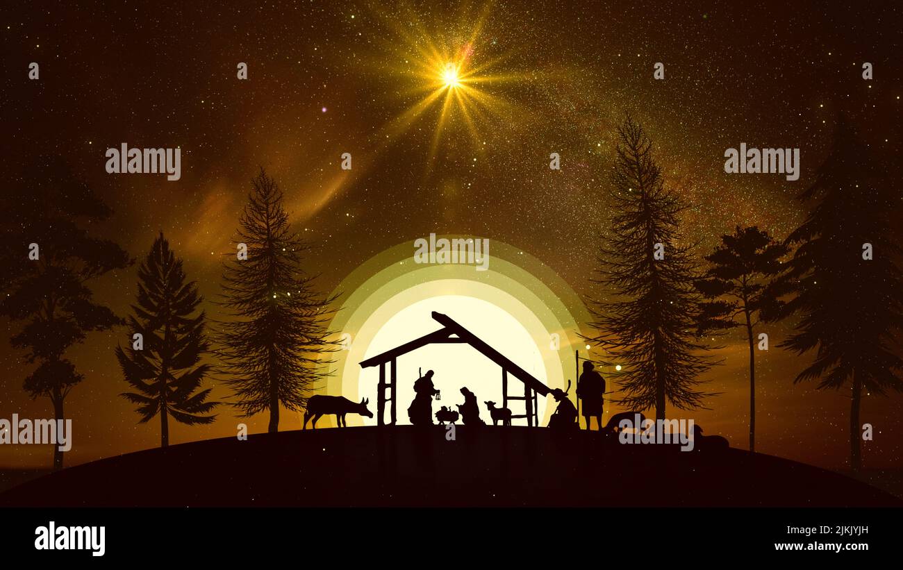 Animazione delle scene di Natale con stelle scintillanti e personaggi natività. Natale storia di Natale sotto il cielo stellato e le nuvole agitose in movimento su oro. Foto Stock