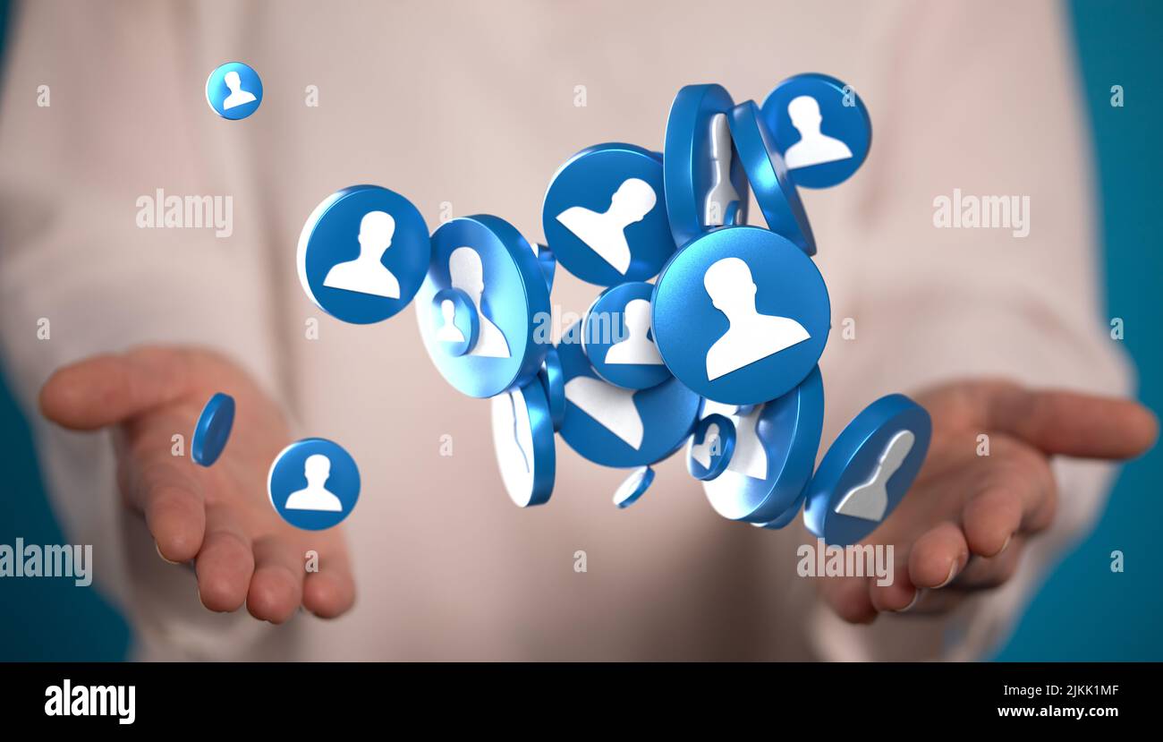 Una mano che tiene icone illustrative persone - il concetto di comunicazione. Foto Stock