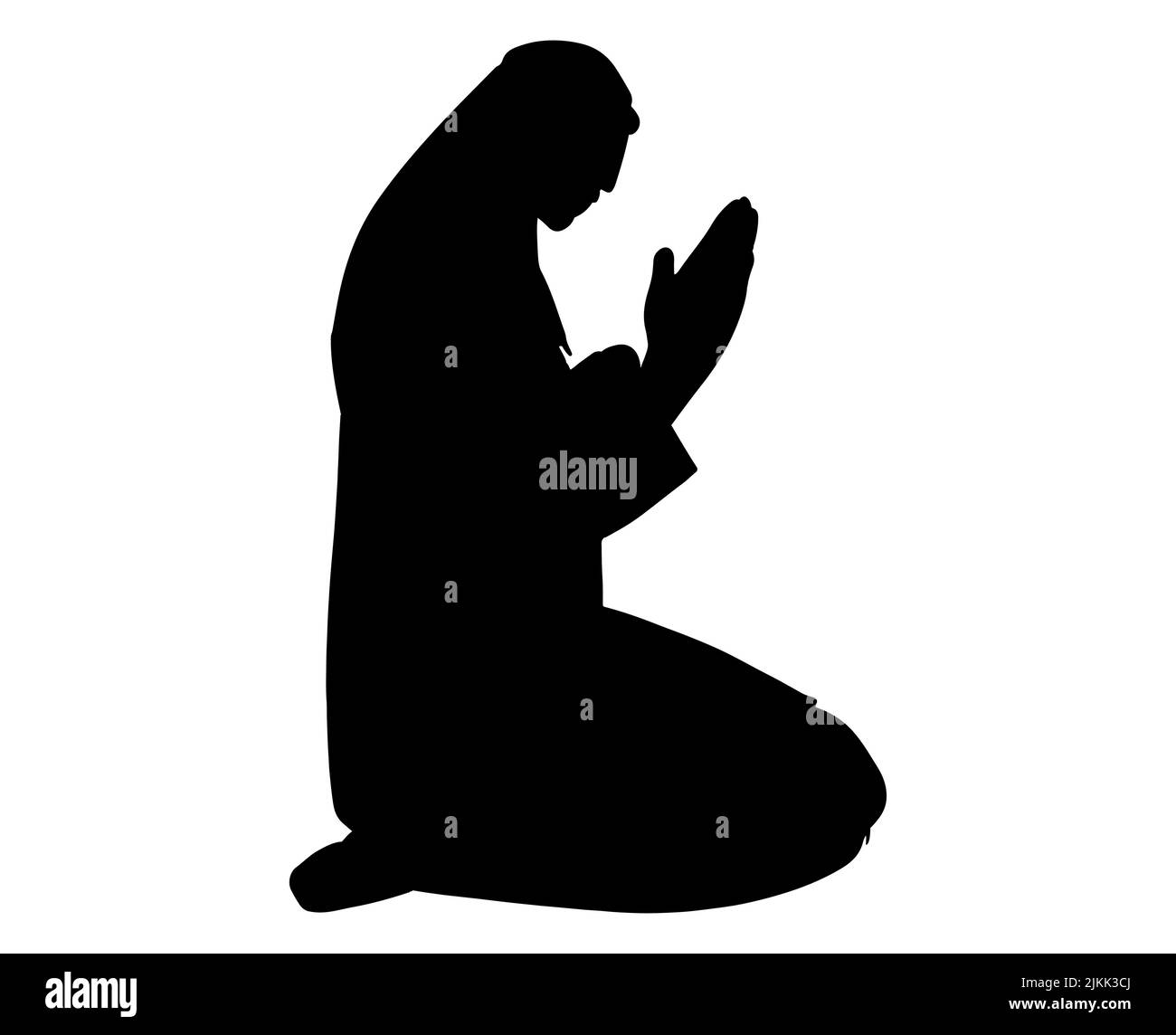 Silhouette nera donna musulmana con il palmo aperto in preghiera ad Allah indossando un hijab nero Illustrazione Vettoriale