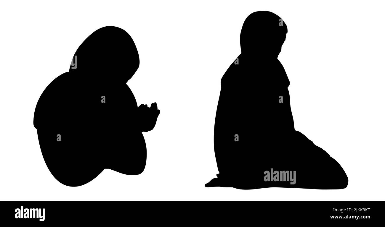 Silhouette di una donna musulmana con la sua palma aperta in preghiera ad Allah che indossa un hijab Illustrazione Vettoriale