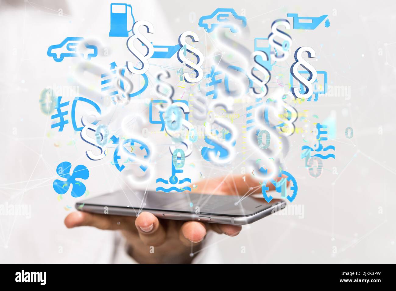 Un'illustrazione digitale della legge fluttuante e della segnaletica per auto sullo smartphone Foto Stock