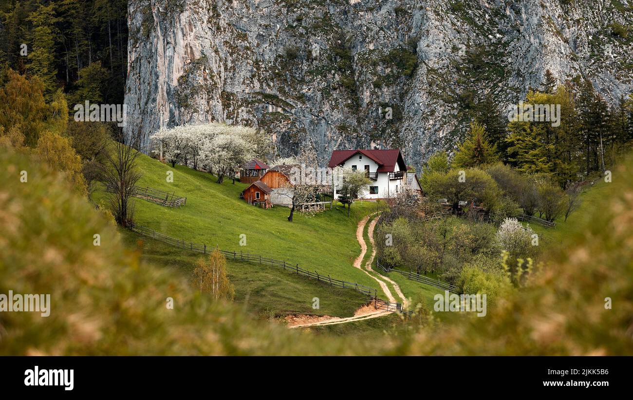 Il bellissimo paesaggio di campagna con piccoli cottage contro una scogliera circondata da vegetazione verde. Foto Stock