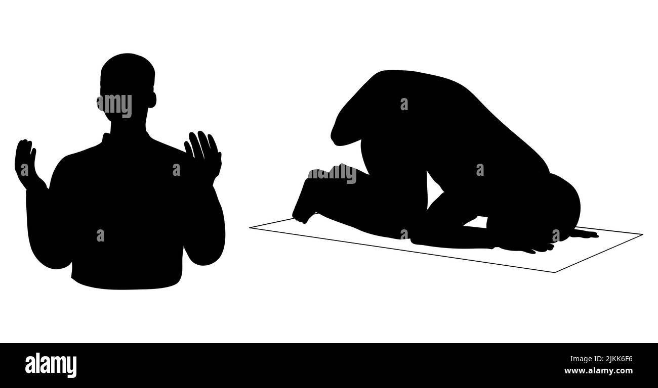 la silhouette di una preghiera musulmana. Vector Illustration, insieme di un musulmano prostrante e pregante Illustrazione Vettoriale