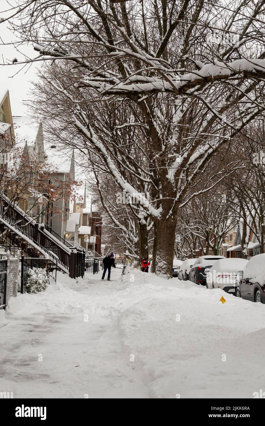 Una strada innevata di un villaggio con auto coperte di neve a Chicago, Illinois Foto Stock