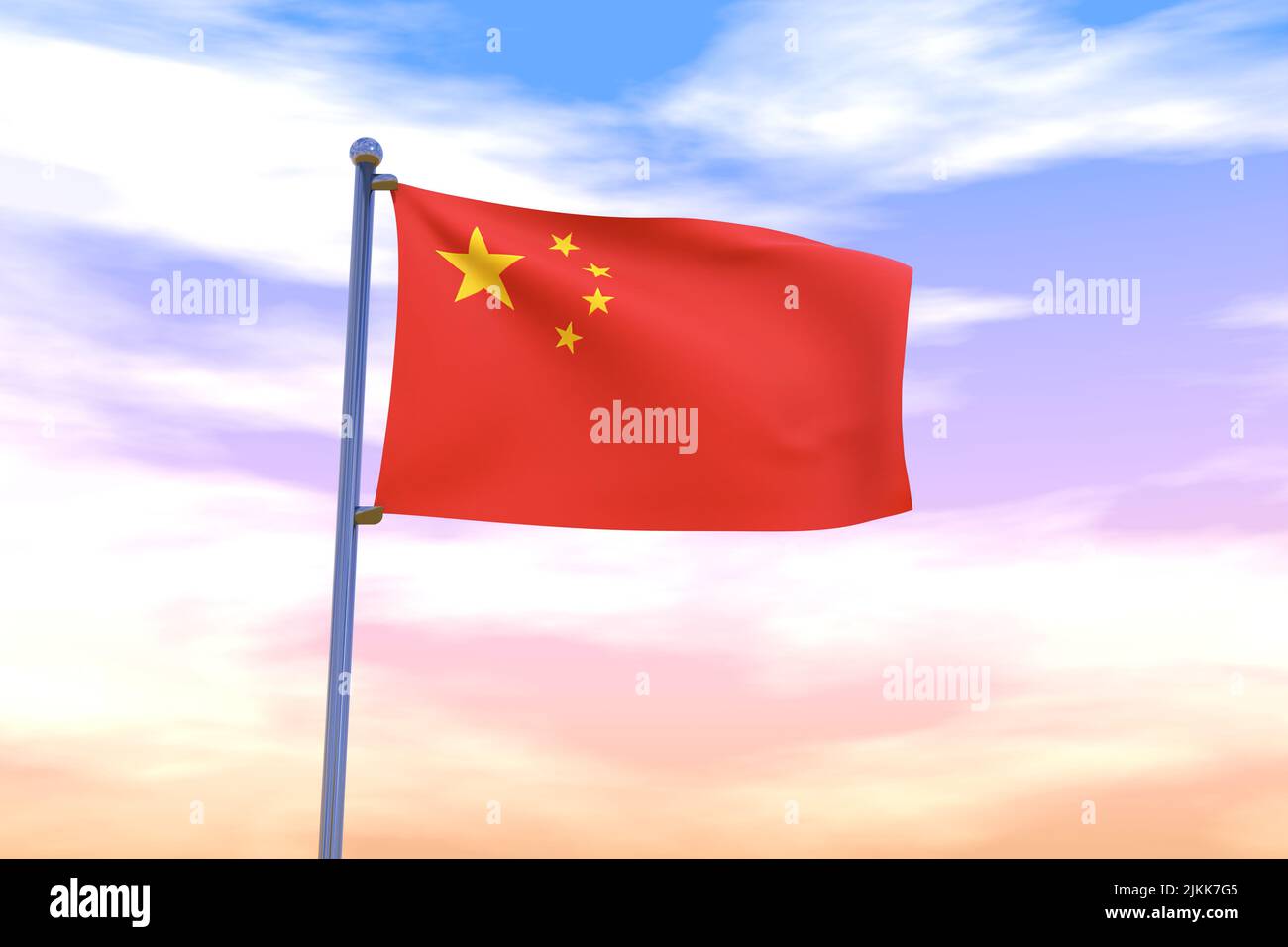 Bandiera ondulata della Cina con palo di bandiera cromato in cielo blu che ondola nel vento. Flag ad alta risoluzione con chiarezza. 3D illustrazione Foto Stock