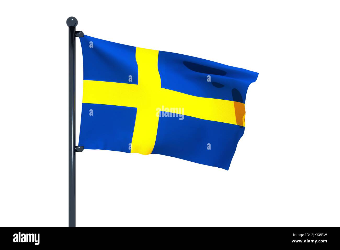 3D illustrazione della bandiera svedese con asta di bandiera cromata con ganci a scatto che ondeggiano nel cielo blu. Sfondo bianco attraverso un canale alfa di grande precisione. Foto Stock