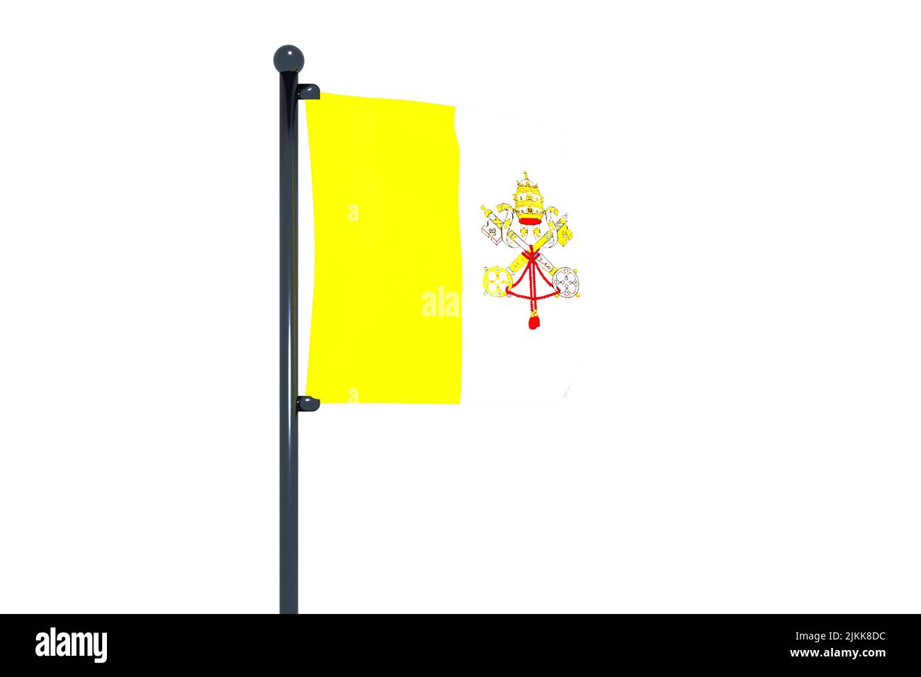 3D illustrazione della bandiera della Santa sede (Stato della Città del Vaticano) con asta di bandiera cromata con ganci a scatto che ondeggiano nel cielo blu. Sfondo bianco tramite un canale alfa Foto Stock