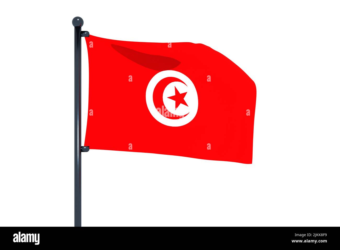 3D illustrazione della bandiera tunisina con asta di bandiera cromata con ganci a scatto che ondeggiano nel cielo blu. Sfondo bianco attraverso un canale alfa di grande precisione. Foto Stock