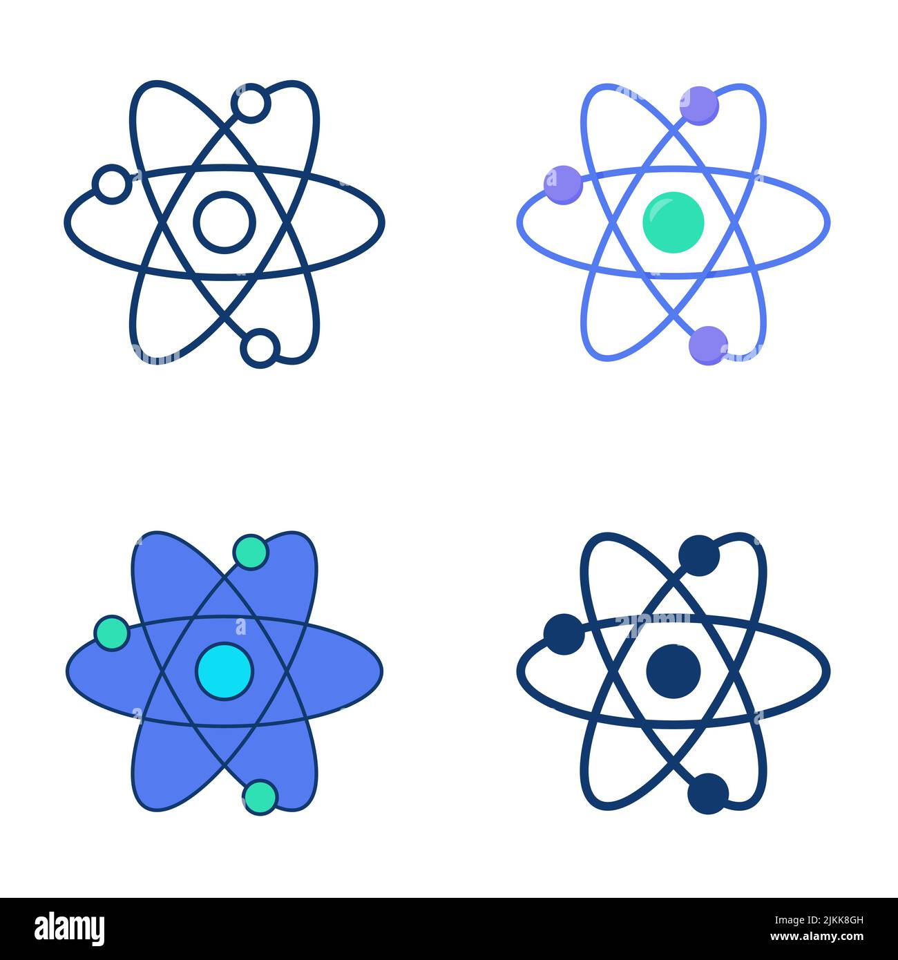 Icona della scienza della fisica nucleare in stile piatto e lineare. Simbolo dell'atomo. Illustrazione vettoriale. Illustrazione Vettoriale