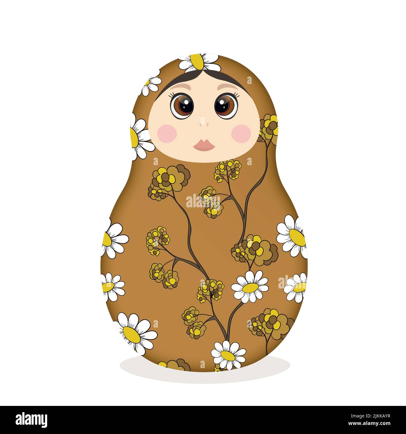 Matryoshka russa. Bambole folcloristiche russe tradizionali con occhi e labbra grandi. Bambola Babushka con hohloma, motivo floreale tradizionale dipinto. Mano Illustrazione Vettoriale