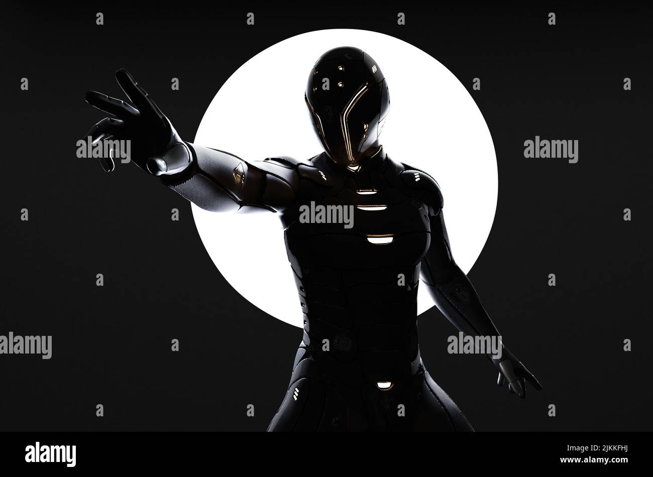 Rendering 3D di un robot di intelligenza artificiale su sfondo scuro Foto Stock