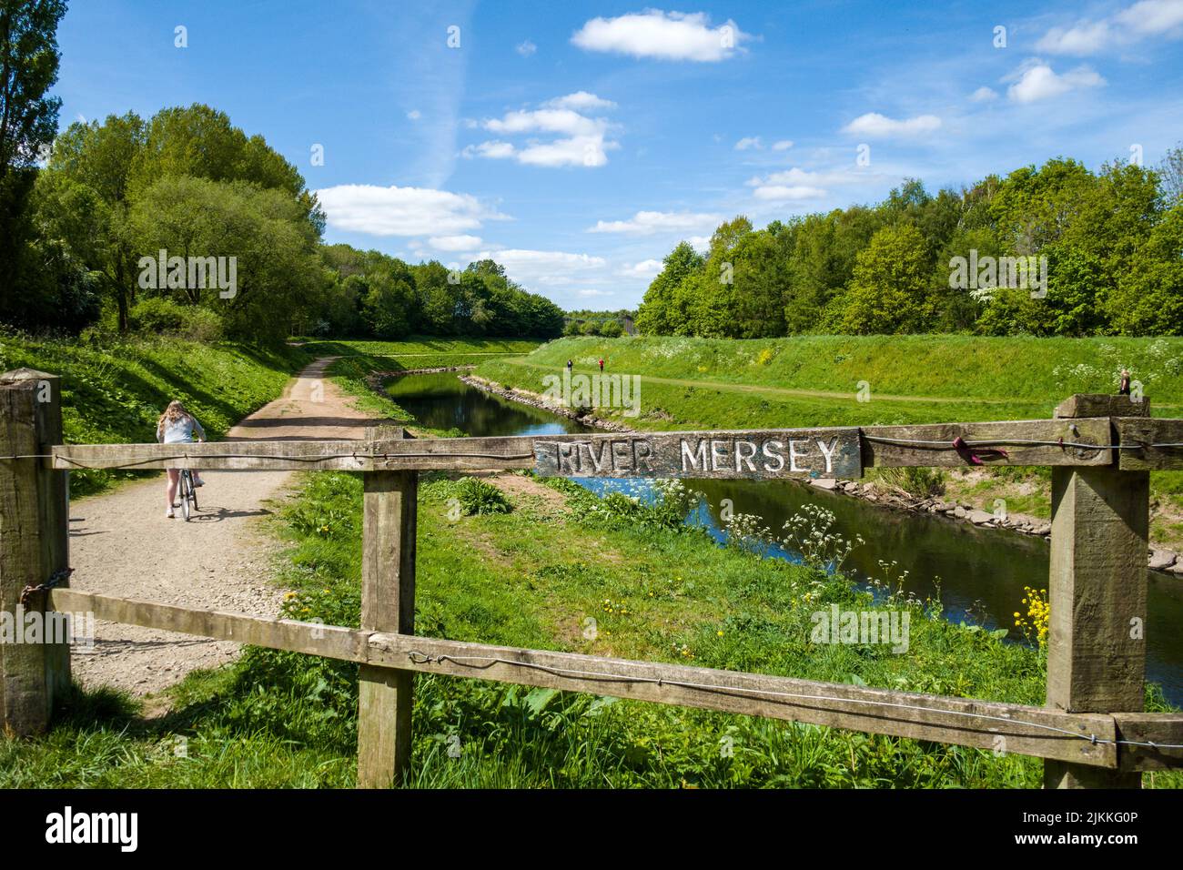 Un'immagine panoramica del fiume Mersey circondato da piante, arbusti e alberi Foto Stock