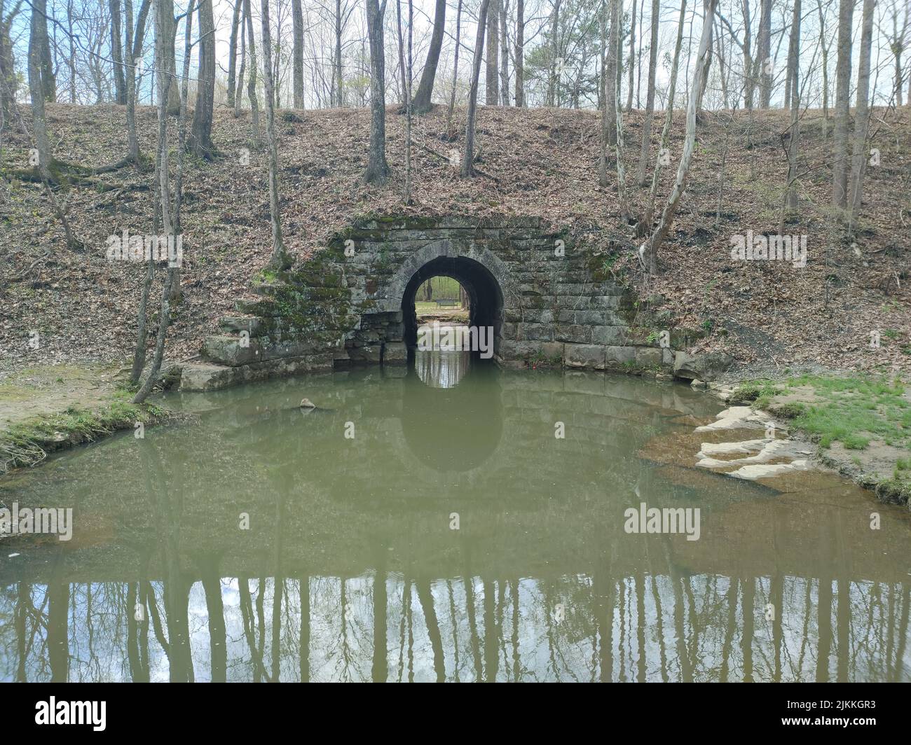 Una bella vista di un fiume con un piccolo tunnel in una foresta Foto Stock