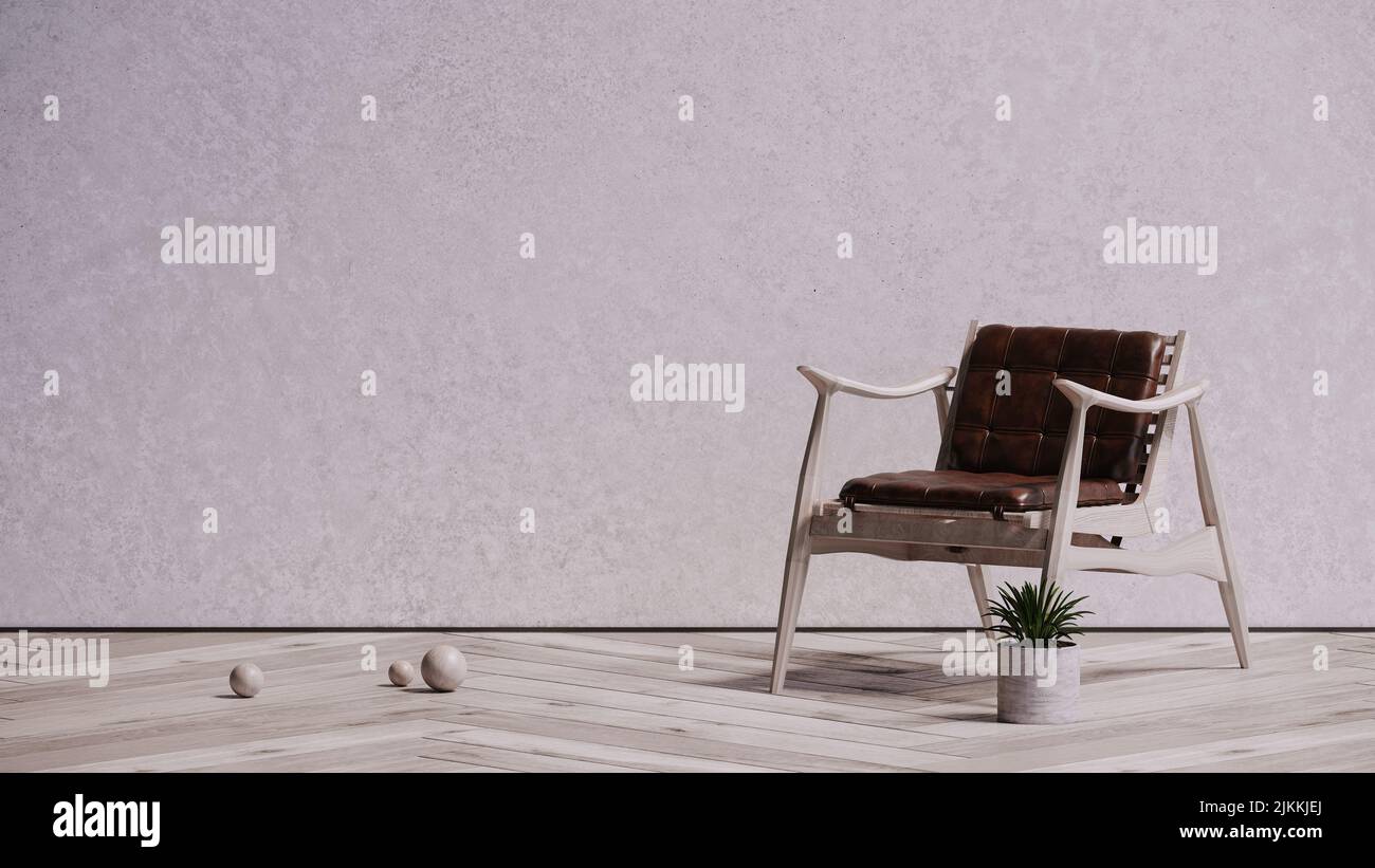 Una bella sedia moderna con pavimento in parquet grigio e parete grigia con piccola pentola per piante sul pavimento Foto Stock