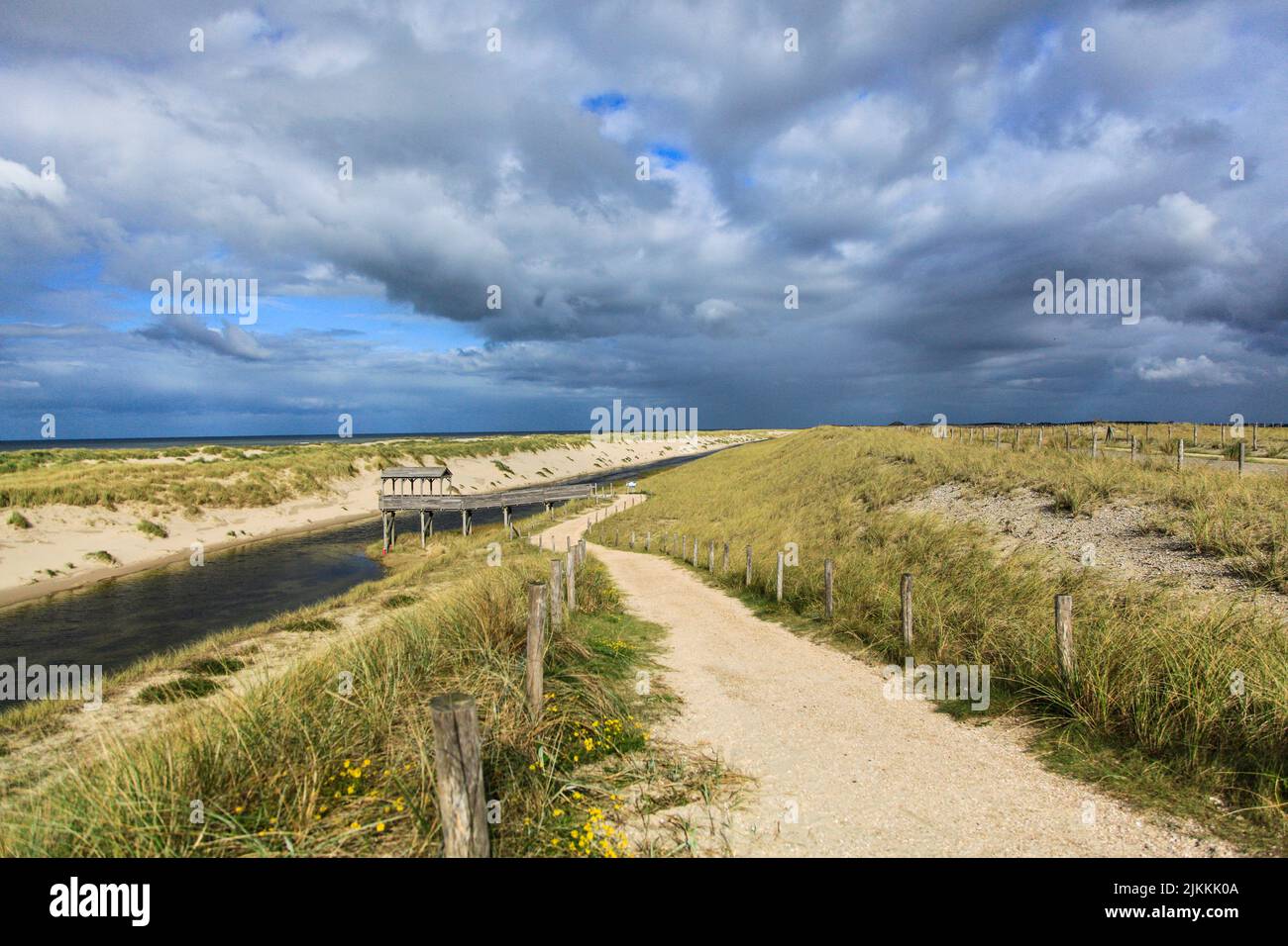 Un sentiero sulla baia di una prateria rurale sotto un cielo nuvoloso Foto Stock