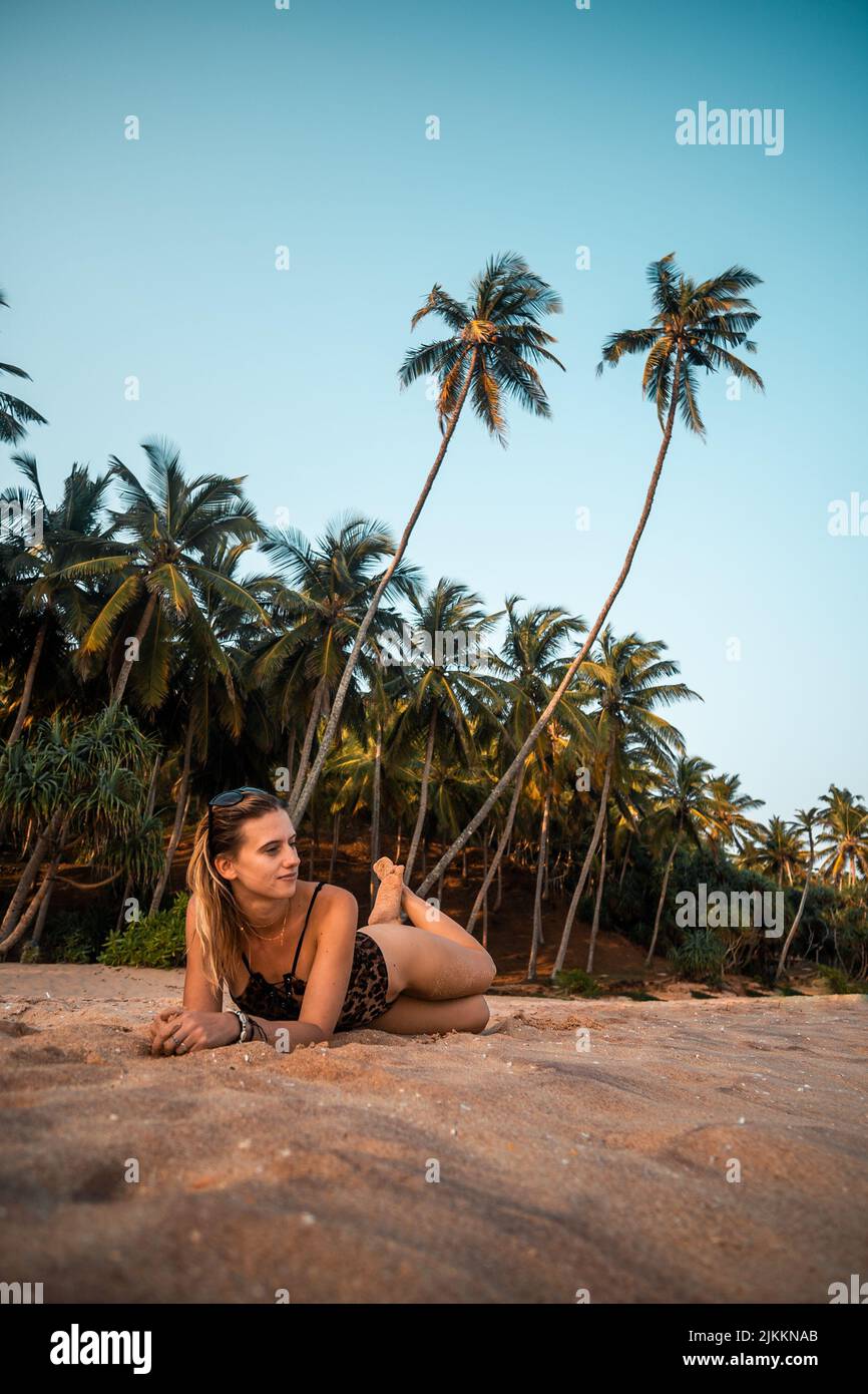 Un primo piano verticale di una giovane femmina sdraiata sulla sabbia della spiaggia con palme sullo sfondo dello Sri Lanka Foto Stock