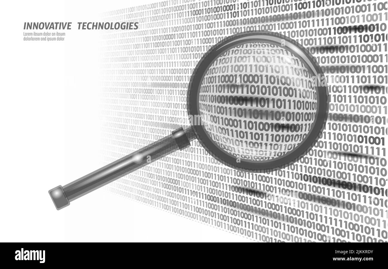 Lente di ingrandimento per l'analisi dei dati di ricerca Web. 3D simbolo realistico motore di ricerca online tecnologia cloud big data. Ricerca Internet sulle prestazioni digitali Illustrazione Vettoriale