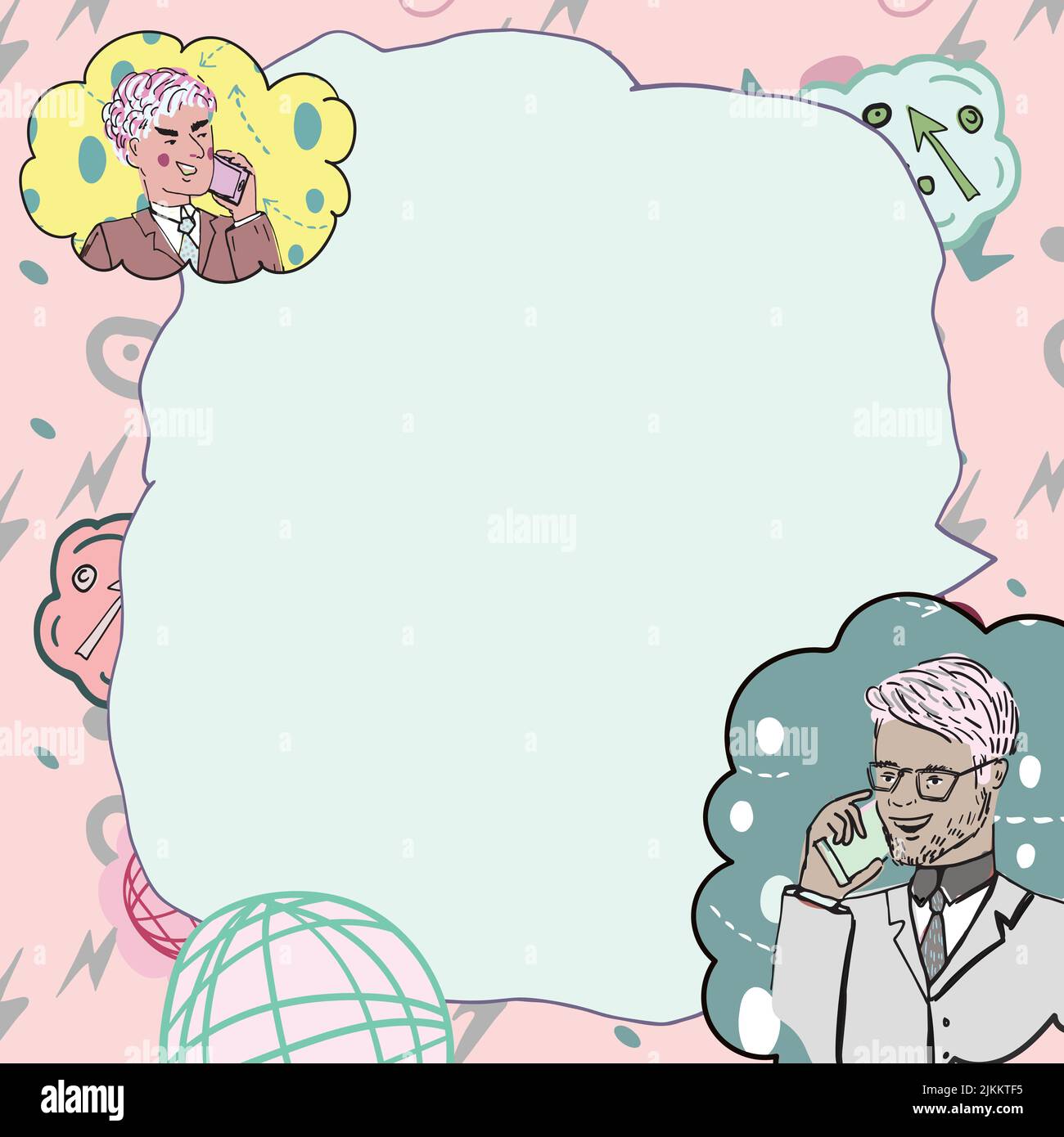 Uomini d'affari che parlano di telefoni cellulari e presentano idee importanti. Uomini che parlano sui cellulari e che mostrano informazioni Crociere. Dirigenti Illustrazione Vettoriale