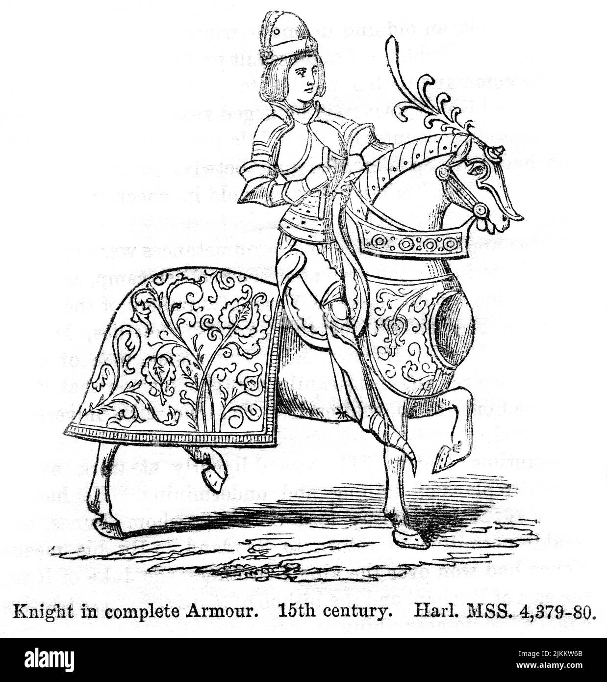 Knight in complete Armor, 15th Century, Illustrazione dal Libro, 'John Cassel’s Illustrated History of England, Volume II', testo di William Howitt, Cassell, Petter, and Galpin, Londra, 1858 Foto Stock