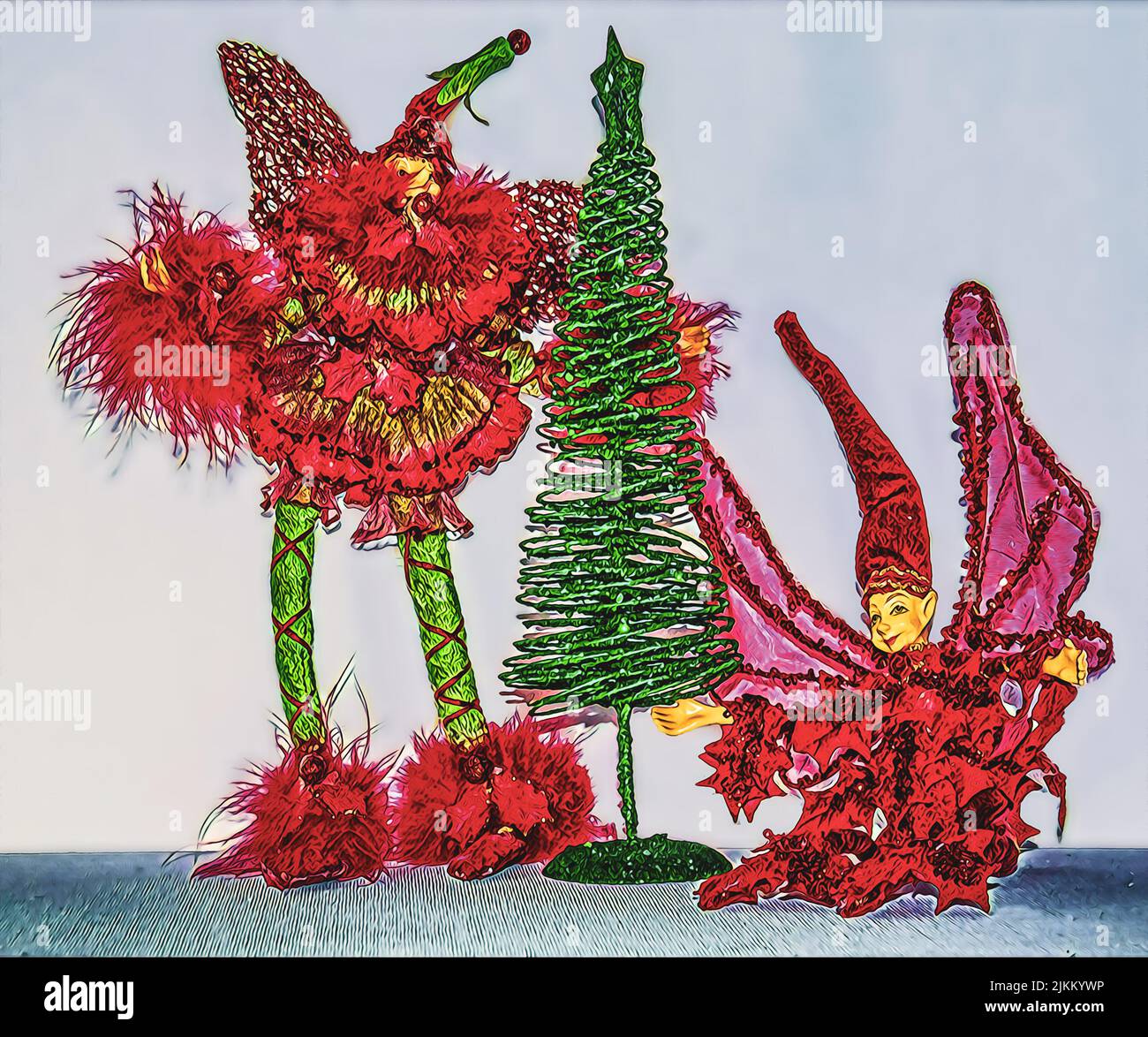 Elfi e albero di Natale - decorazione di fantasia carina impostata in scena di festa-illustrazione. Foto Stock