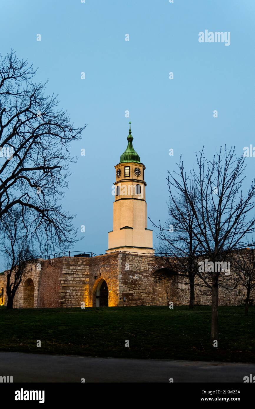 Un bellissimo colpo di torre dell'orologio (Sahat Kula) nella fortezza di Kalemegdan contro il cielo crepuscolo con alberi senza fronde in primo piano, Belgrado, Serbia Foto Stock