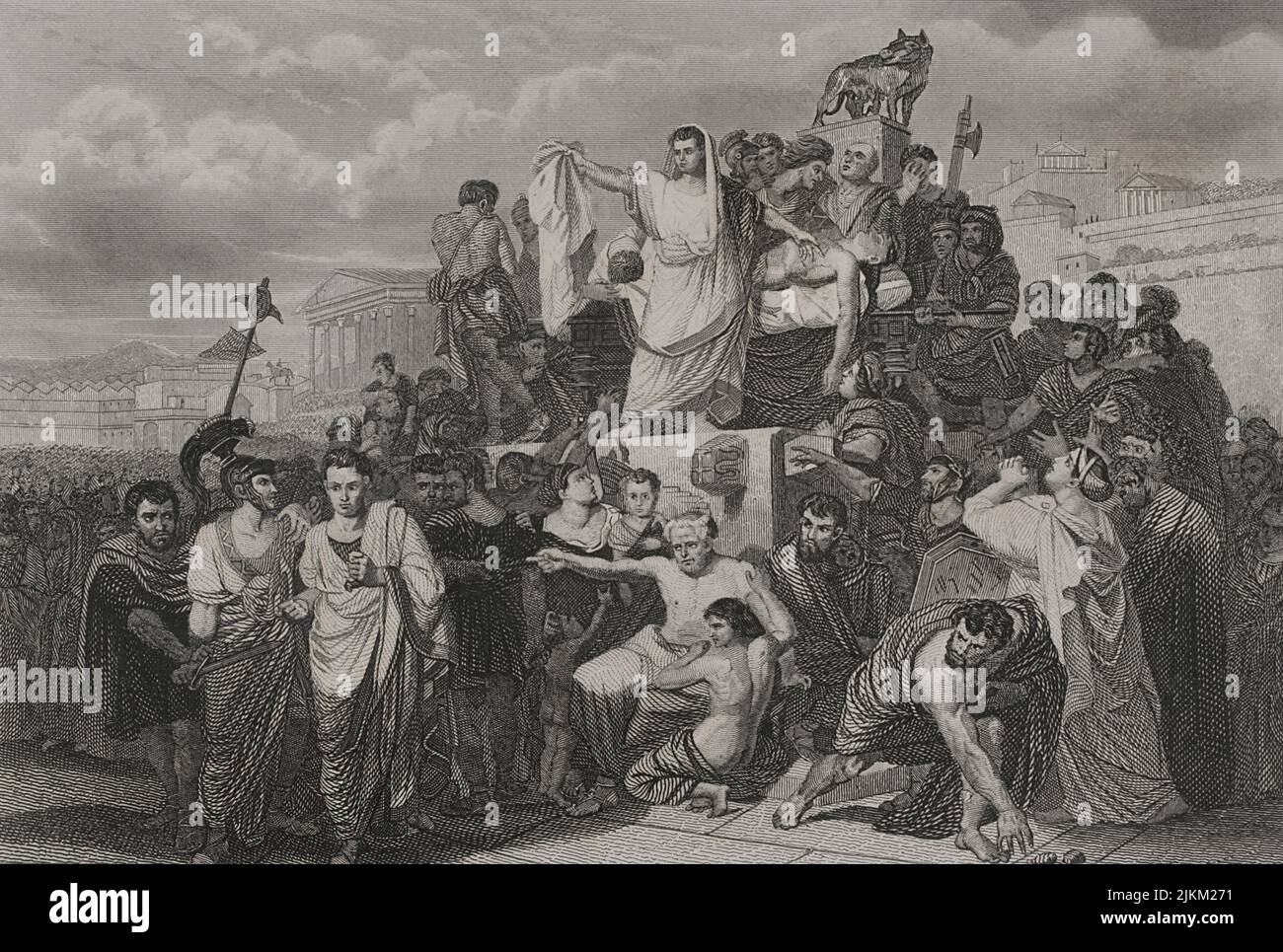 Gaio Giulio Cesare (100 a.C. - 44 a.C.). Politico romano, generale e scrittore. Nel 60 a.C. stabilì un trionfo con Pompeo e Crasso. Conquistò la Gallia. Capo dell'impero un dittatore in perpetuità (dittatore Perpetuus). Funerali di Giulio Cesare. Incisione di A. Roca. "Historia Universal", di César Cantú. Volume II, 1854. Foto Stock