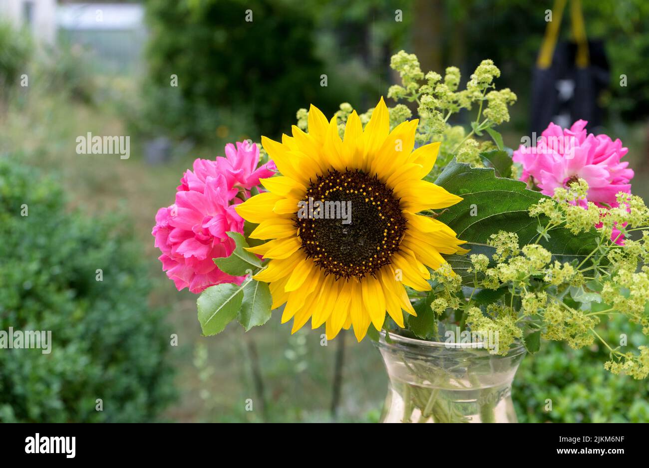 Bouquet con girasole e rose rosa Foto Stock