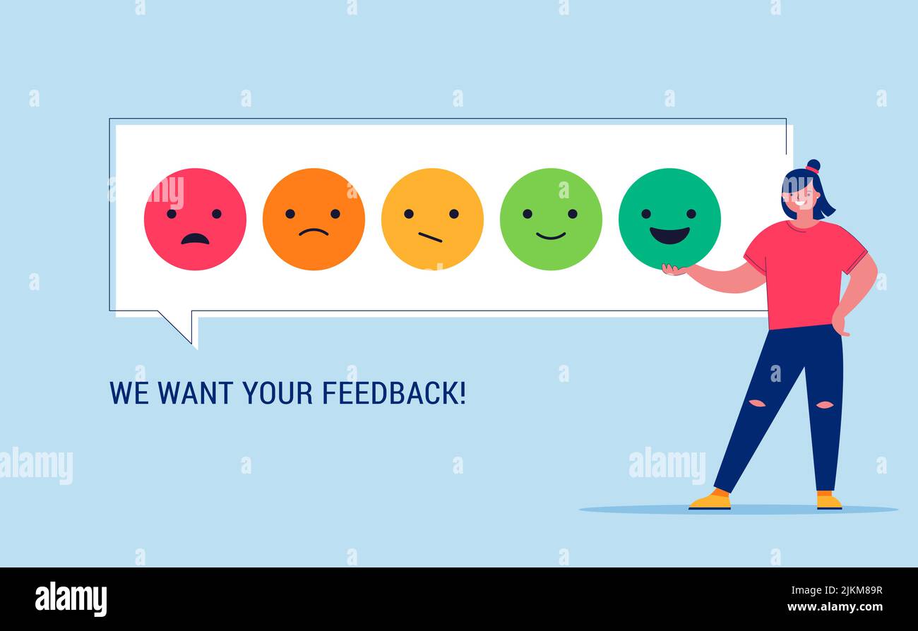 Donna che dà la valutazione e il feedback della recensione. Scelta del cliente e feedback dei dipendenti. Classifica stelle feedback. Supporto per la soddisfazione aziendale. Illustrazione Vettoriale