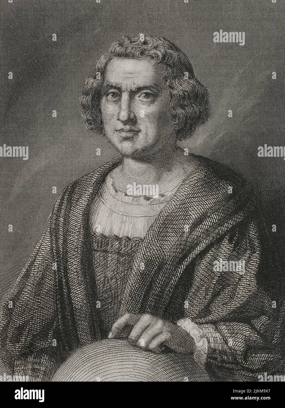 Cristoforo Colombo (1451-1506). Navigatore, cartografo e ammiraglio. Servì la Corona di Castiglia. Scopritore d'America nel 1492. Verticale. Incisione di Geoffroy. "Historia Universal", di César Cantú. Volume IV, 1856. Autore: Charles Geoffroy (1819-1882). Incisore francese. Foto Stock