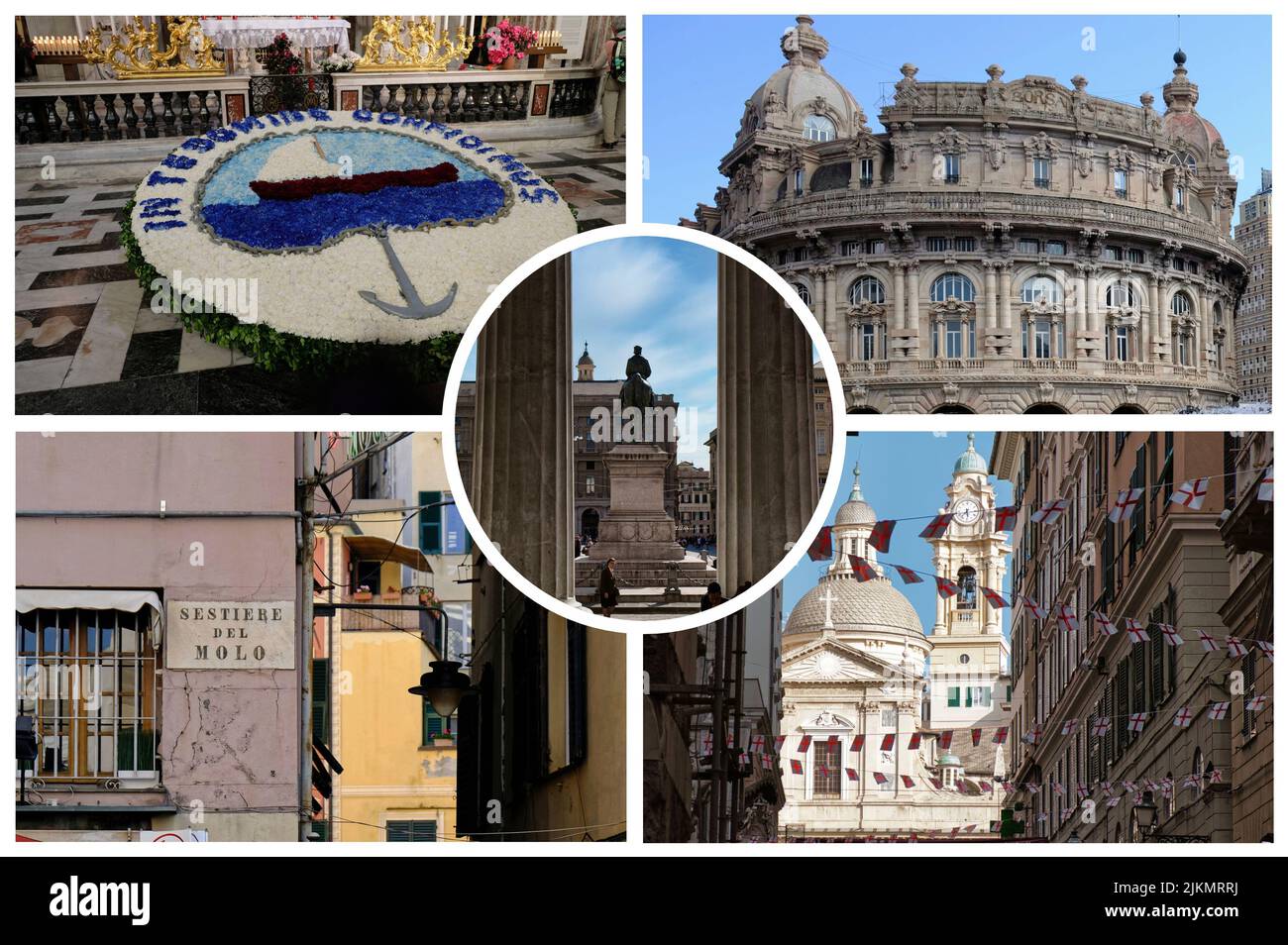 Genova è una delle città più interessanti, particolari e belle d'Europa, spremuta tra i monti liguri e il mare blu celeste. Foto Stock