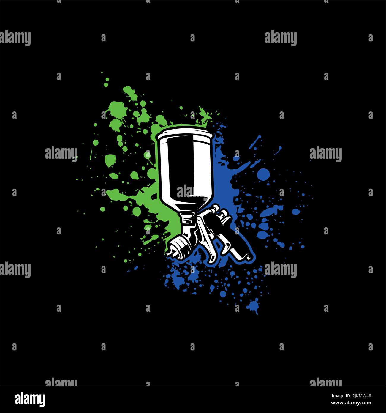 Una pistola a spruzzo con vernice verde e blu su sfondo nero Illustrazione Vettoriale