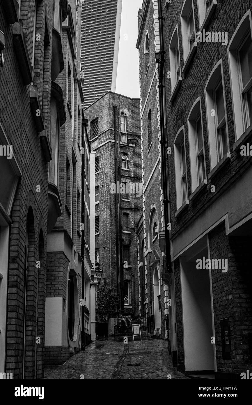 Uno scatto verticale in scala di grigi di edifici residenziali a Londra Foto Stock