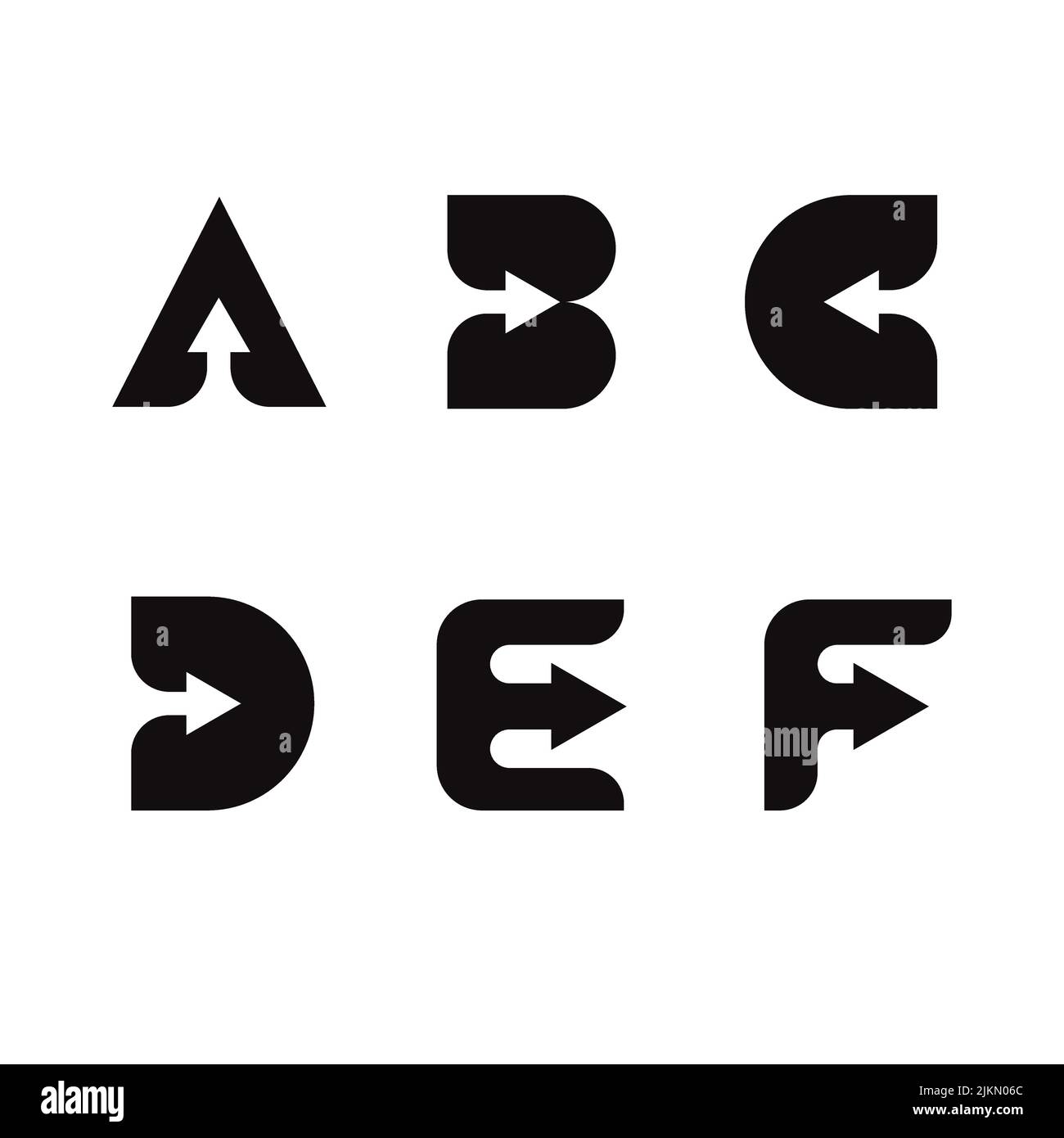 Una serie di lettere alfabetiche con frecce isolate su sfondo bianco Illustrazione Vettoriale