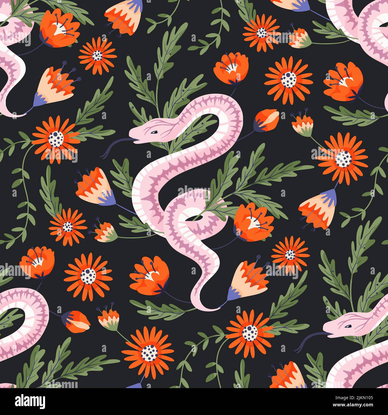 Serpente papavero rosa fiore celeste senza cuciture modello vettoriale. Sfondo magico floreale Illustrazione Vettoriale