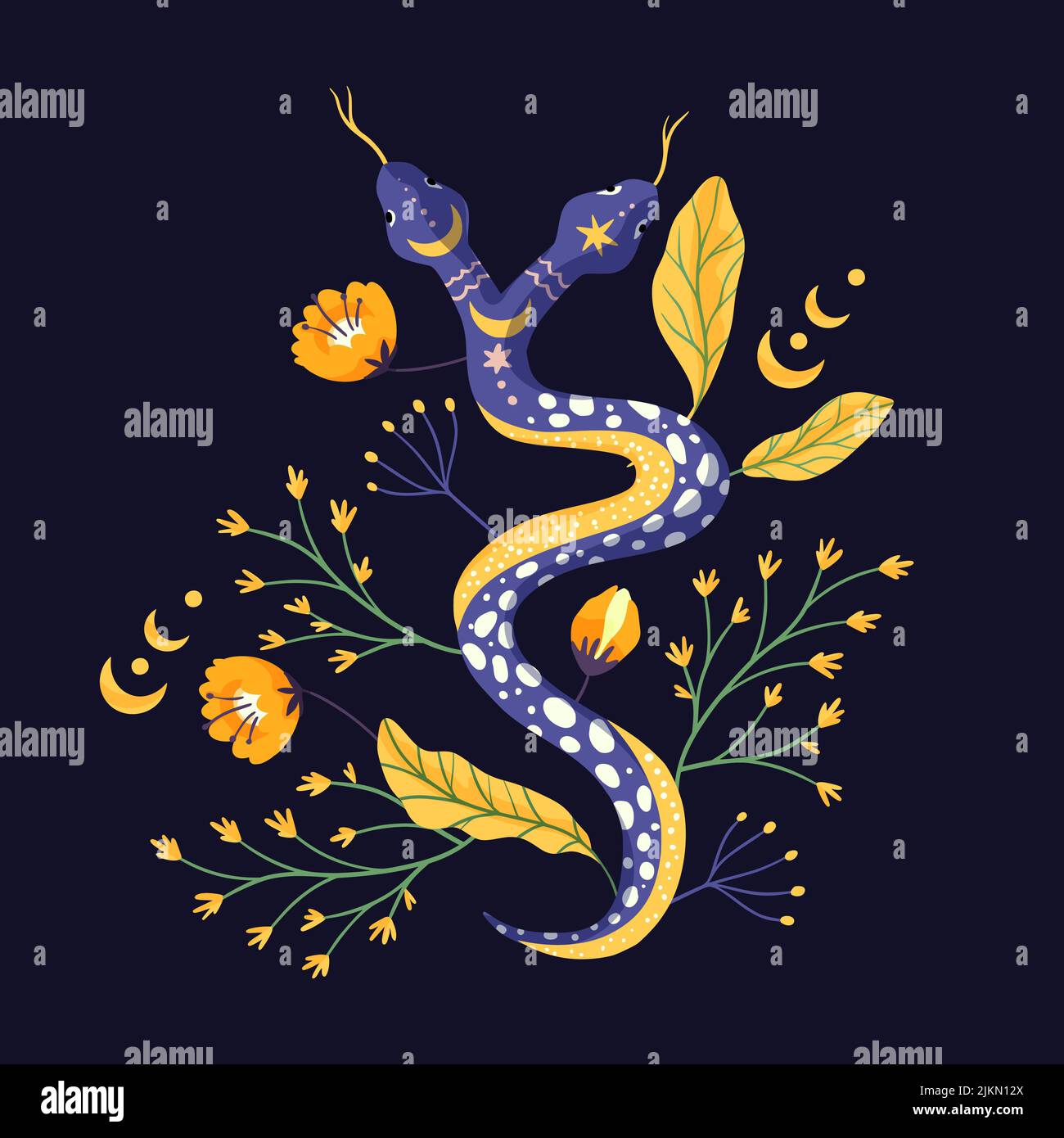 Due teste serpente e fiore magico stampa. Tatuaggio vintage moda vettore selvaggio animale rettile. Illustrazione Vettoriale