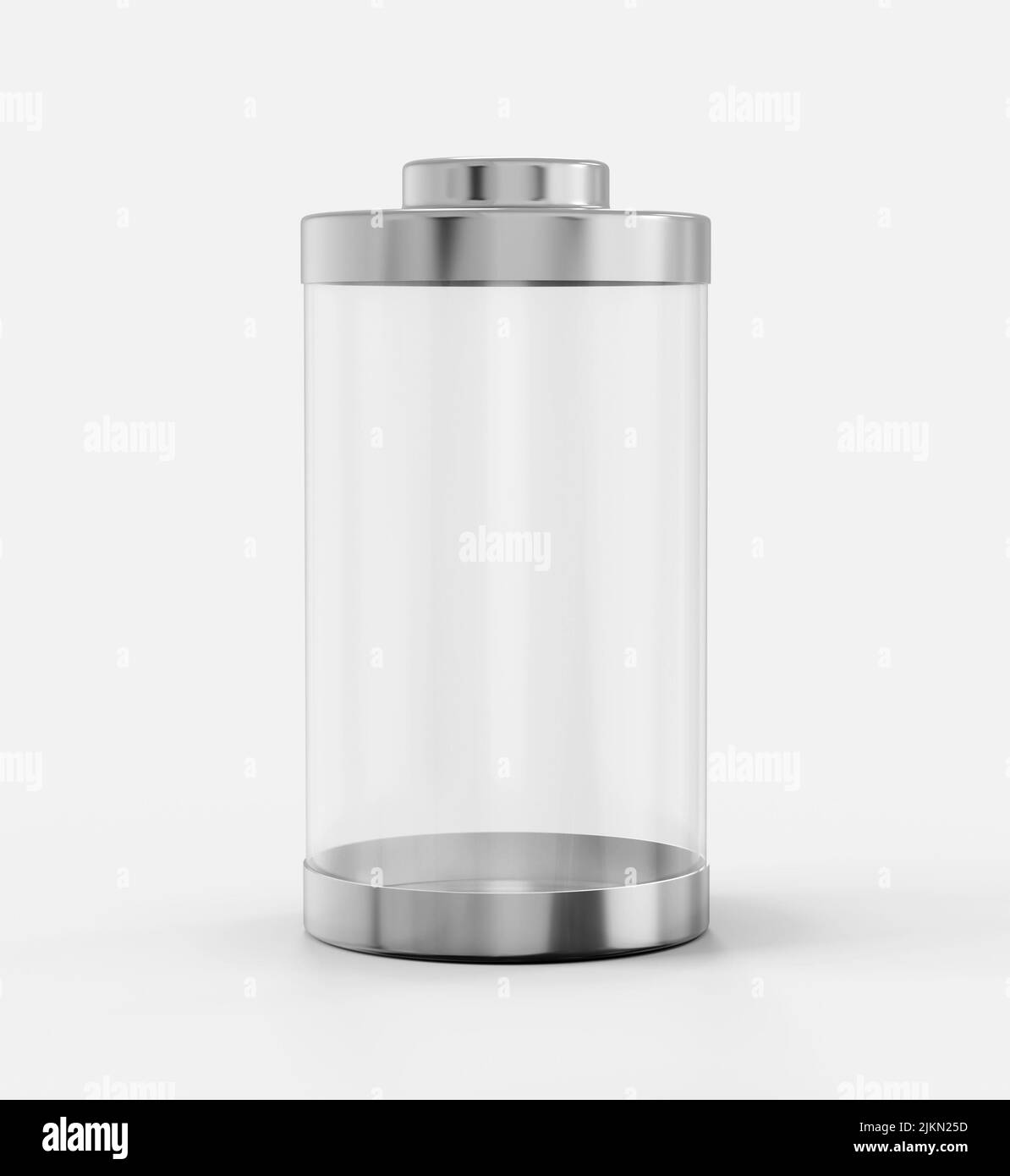 Batteria trasparente lucida in vetro di ricarica batteria batteria scarica con cappucci metallici su sfondo bianco 3D illustrazione Foto Stock