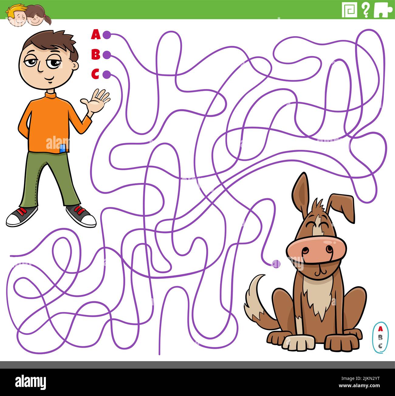 Illustrazione cartoon di linee gioco puzzle labirinto con personaggio fumetto ragazzo e il suo cane Illustrazione Vettoriale